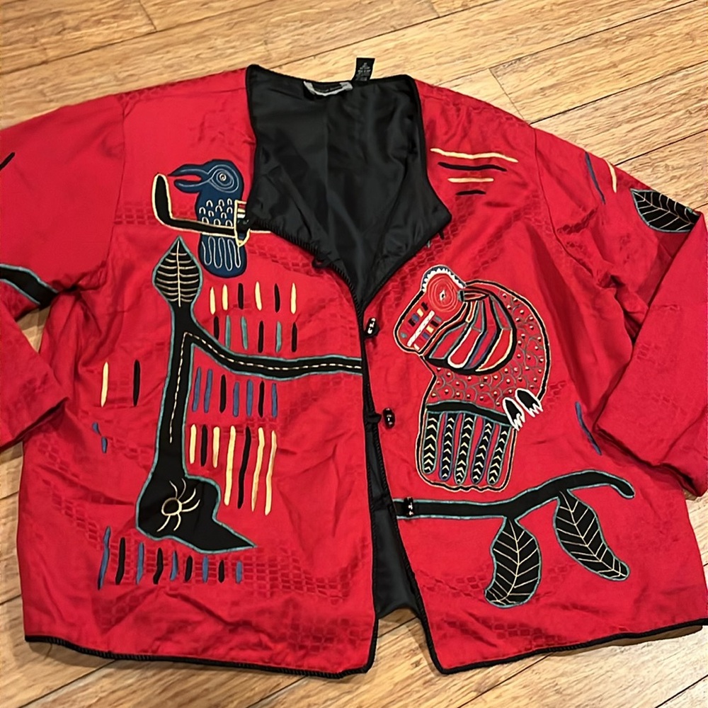Maggie Barnes RED BIRD artsy button up BLAZER Art to wear,TOTEM pole shapes 3XL